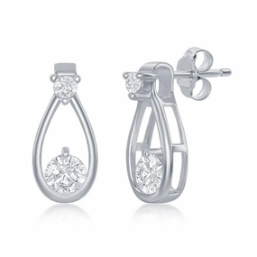 Sterling Silver Open Pearshaped Round CZ Stud Earrings