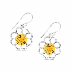 Sterling Silver Open Petal Flower with Center Round Citrine Earrings