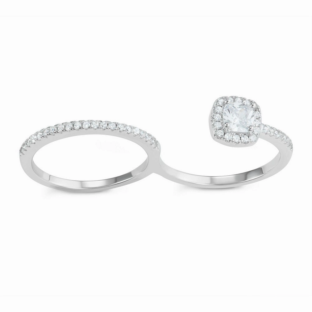 Sterling Silver Open Square Double Finger CZ Ring - W-1610