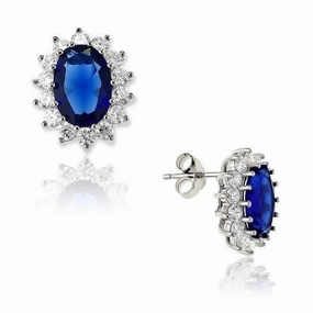 Sterling Silver Oval Blue Sapphire and Clear CZ Earrings