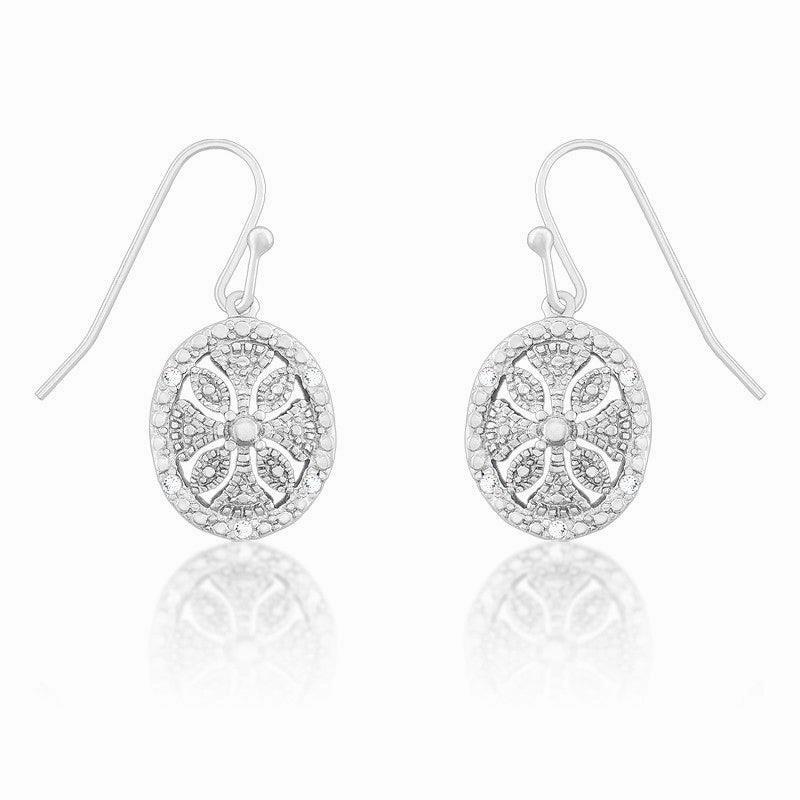 Sterling Silver Oval Disc Flower Diamond Earrings