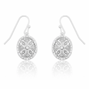 Sterling Silver Oval Disc Flower Diamond Earrings