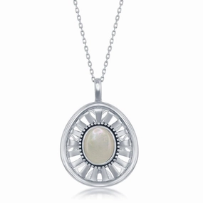 Sterling Silver Oval Mother of Pearl Open Designed Back Oxidized Pendant