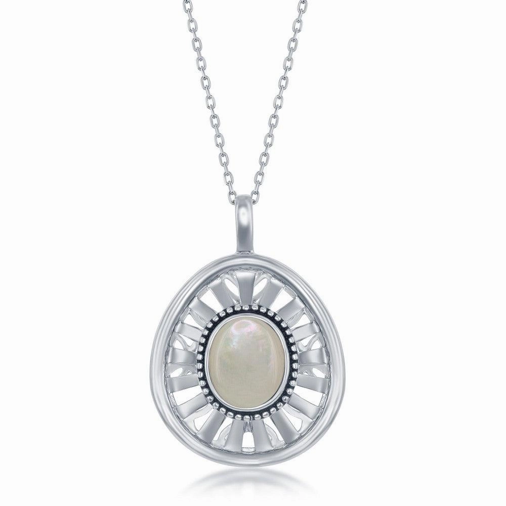 Sterling Silver Oval Mother of Pearl Open Designed Back Oxidized Pendant