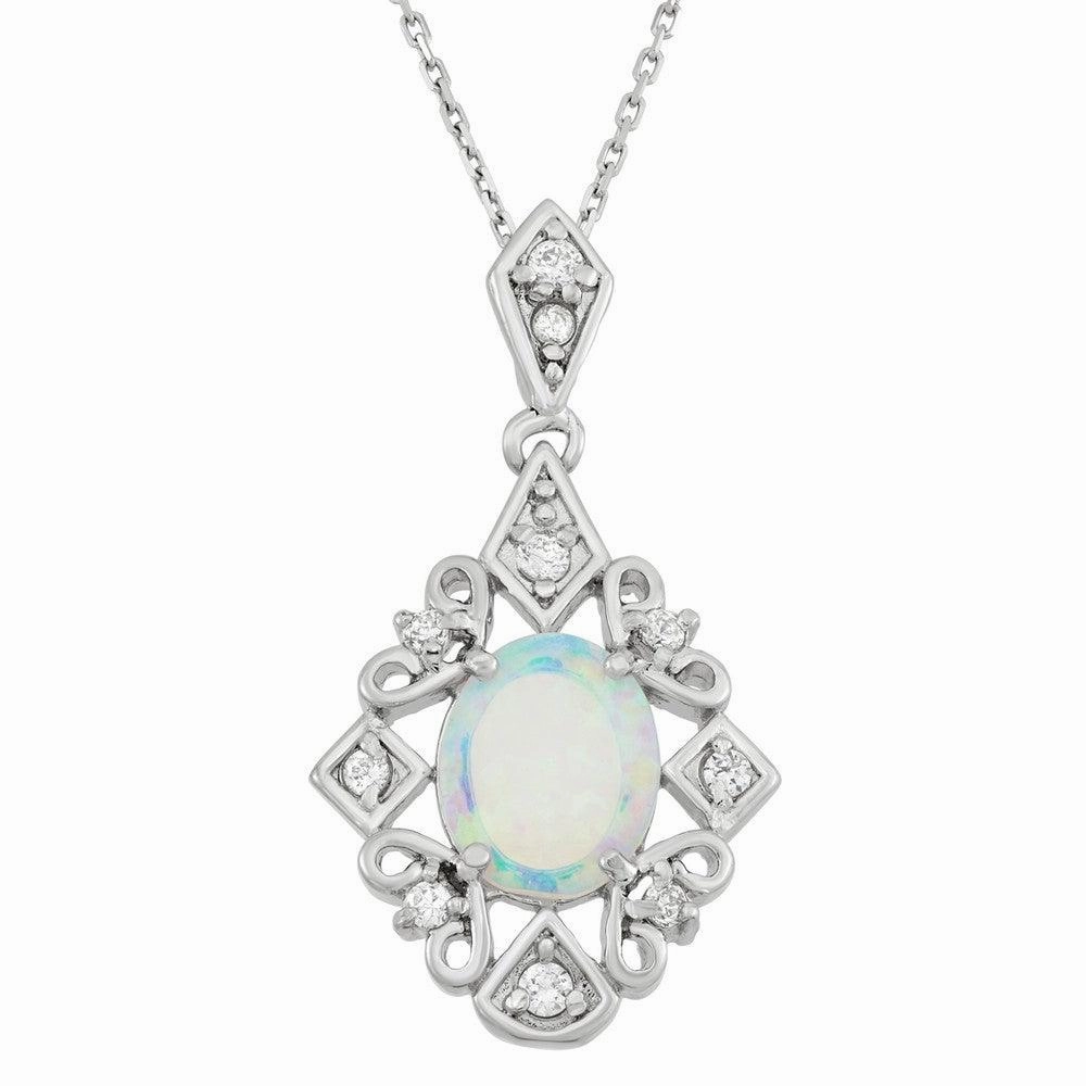 Sterling Silver Oval Opal Stone CZ Pendant