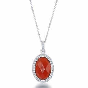 Sterling Silver Oval Red Carnelian CZ Pendant
