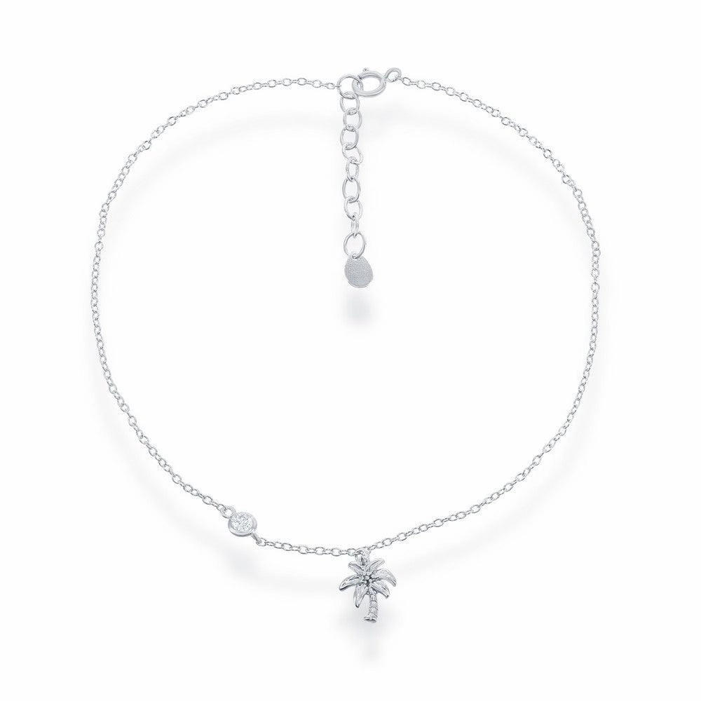 Sterling Silver Palm Tree with Single Cubic Zirconia Anklet