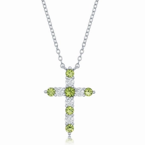 Sterling Silver Peridot CZ August Birthstone Cross Necklace