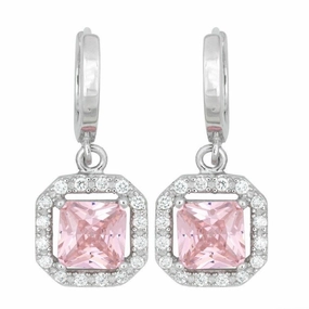 Sterling Silver Pink CZ Micro Pave Square Earrings