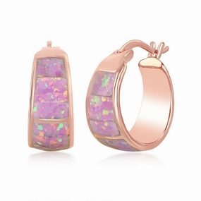 Sterling Silver Pink Opal Wide Squares Small Hoop Earrings - Rose Gold Plated