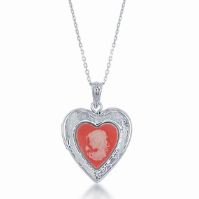Sterling Silver Pink Stone Cameo Heart Locket