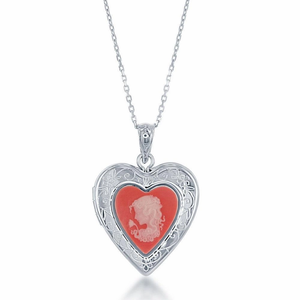 Sterling Silver Pink Stone Cameo Heart Locket