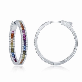 Sterling Silver Rainbow and White CZ Hoop Earrings