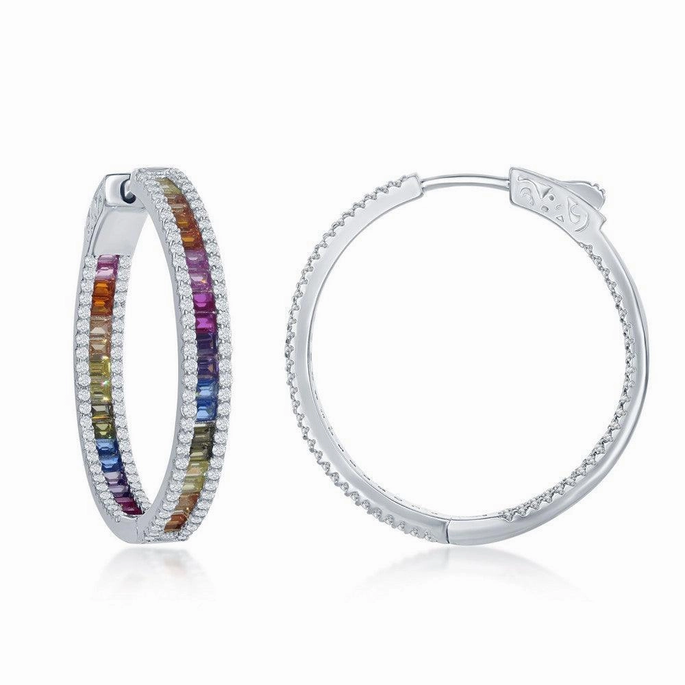 Sterling Silver Rainbow and White CZ Hoop Earrings