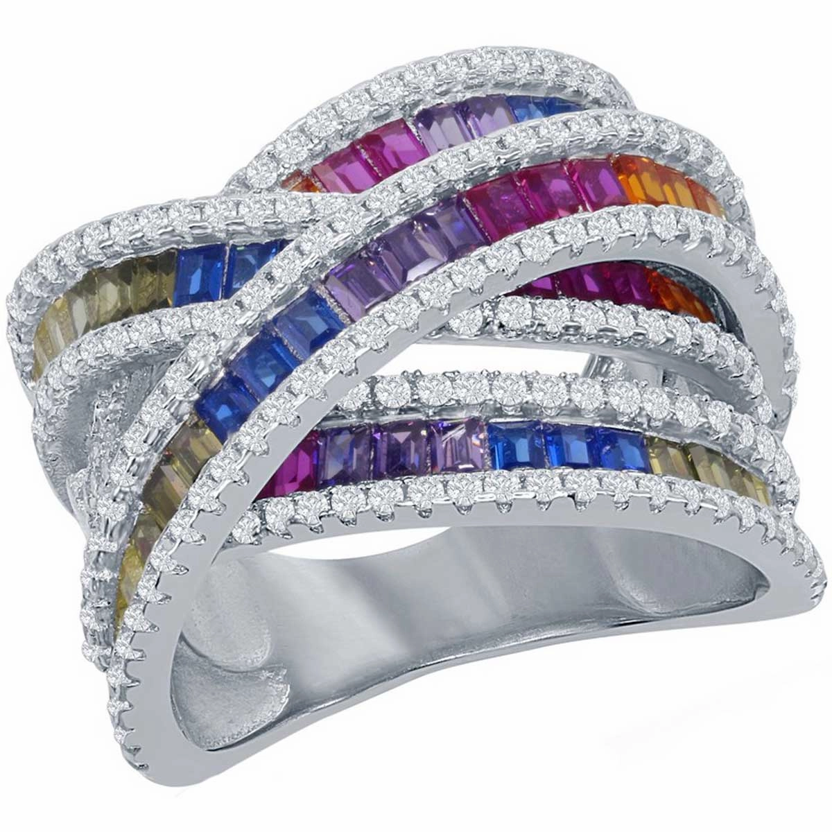 Sterling Silver Rainbow Baguette CZ Double X Ring - W-2435