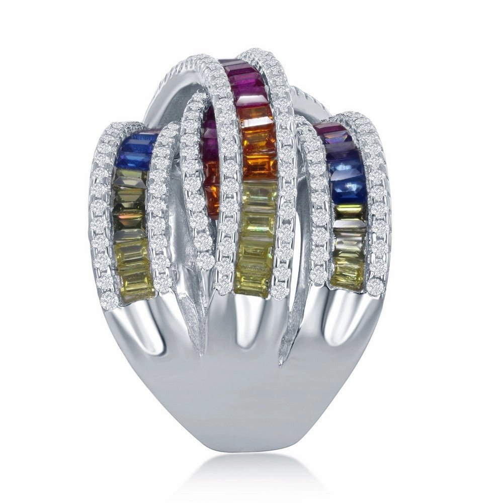 Sterling Silver Rainbow Baguette CZ Double X Ring - W-2435