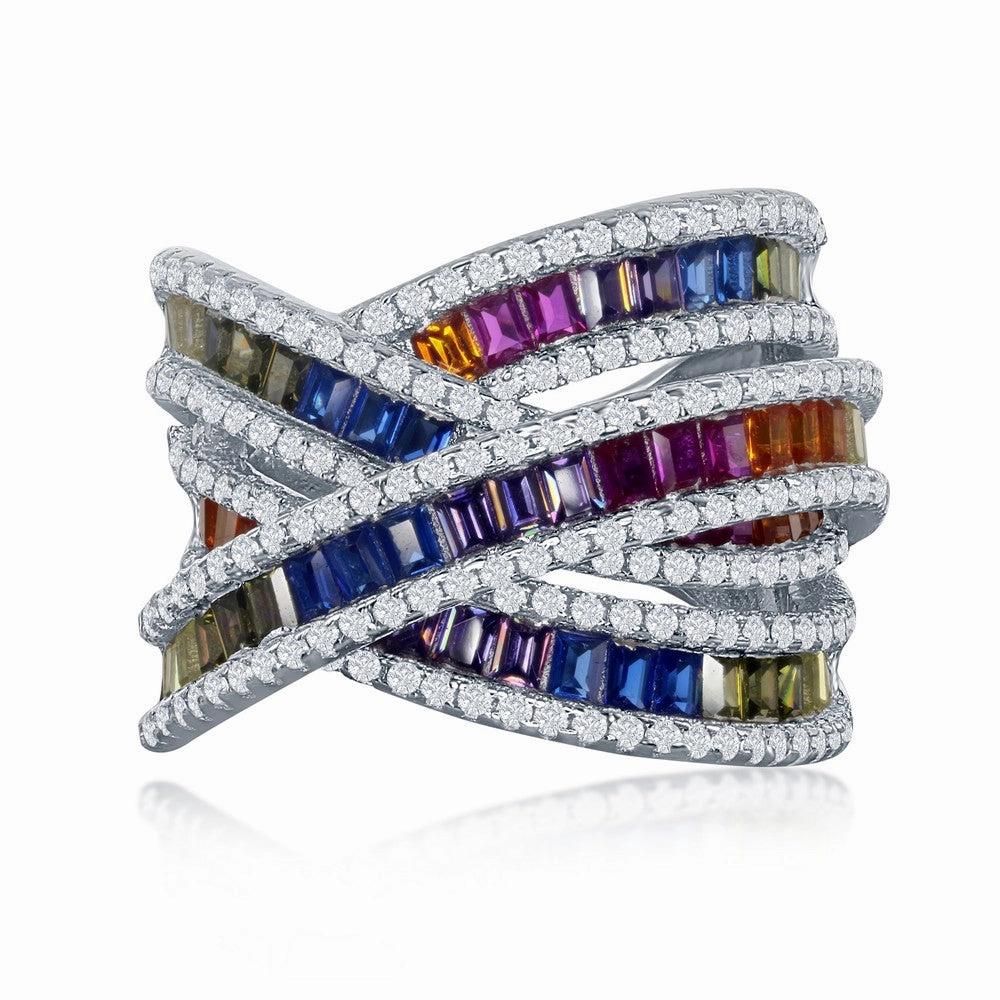 Sterling Silver Rainbow Baguette CZ Double X Ring - W-2435