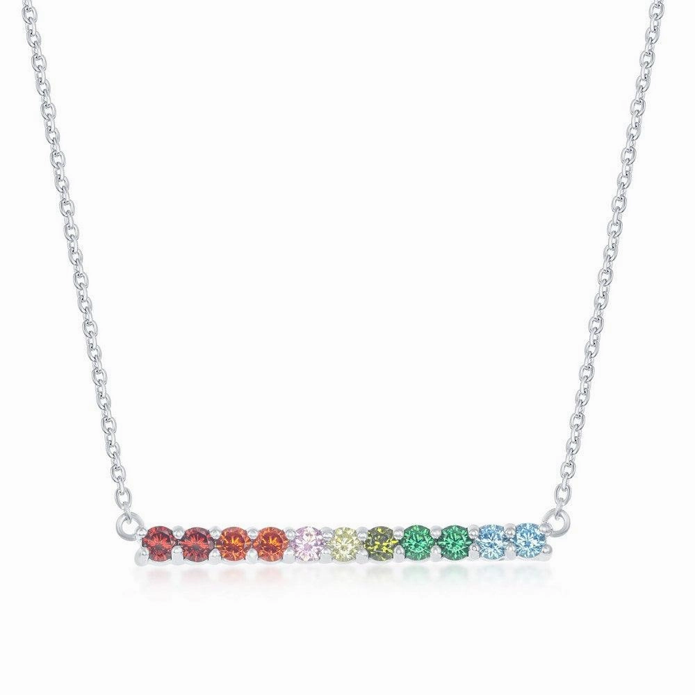 Sterling Silver Rainbow Cubic Zirconia Bar Necklace