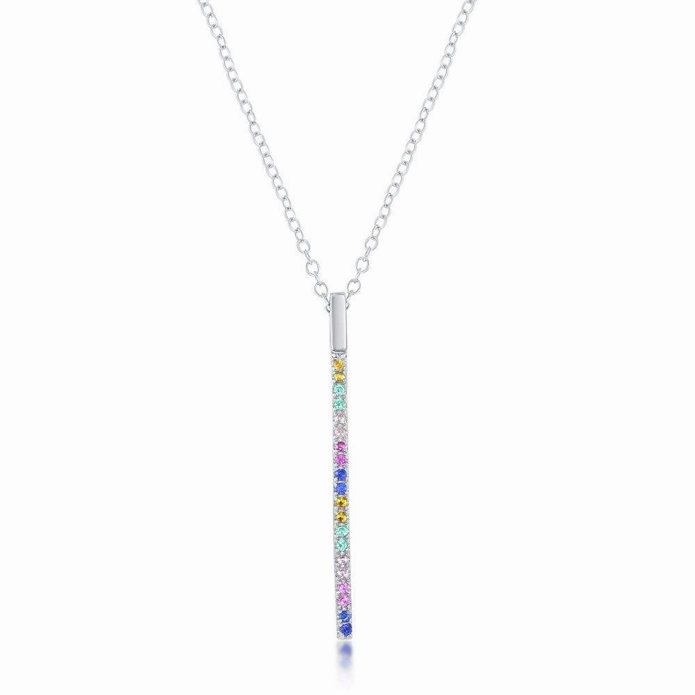 Sterling Silver Rainbow Cubic Zirconia Vertical Bar Necklace