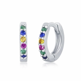 Sterling Silver Rainbow CZ Huggie Hoop Earrings