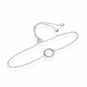 Sterling Silver Rainbow CZ Open Circle with Box Chain Bracelet