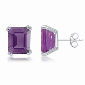 Sterling Silver Rectangle Amethyst Prong Set Stud Earrings