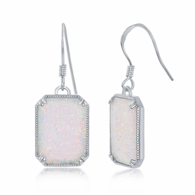 Sterling Silver Rectangle White Opal Beaded Earrings
