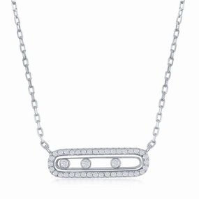 Sterling Silver Rectangle with Sliding Bezel-Set CZ's Necklace