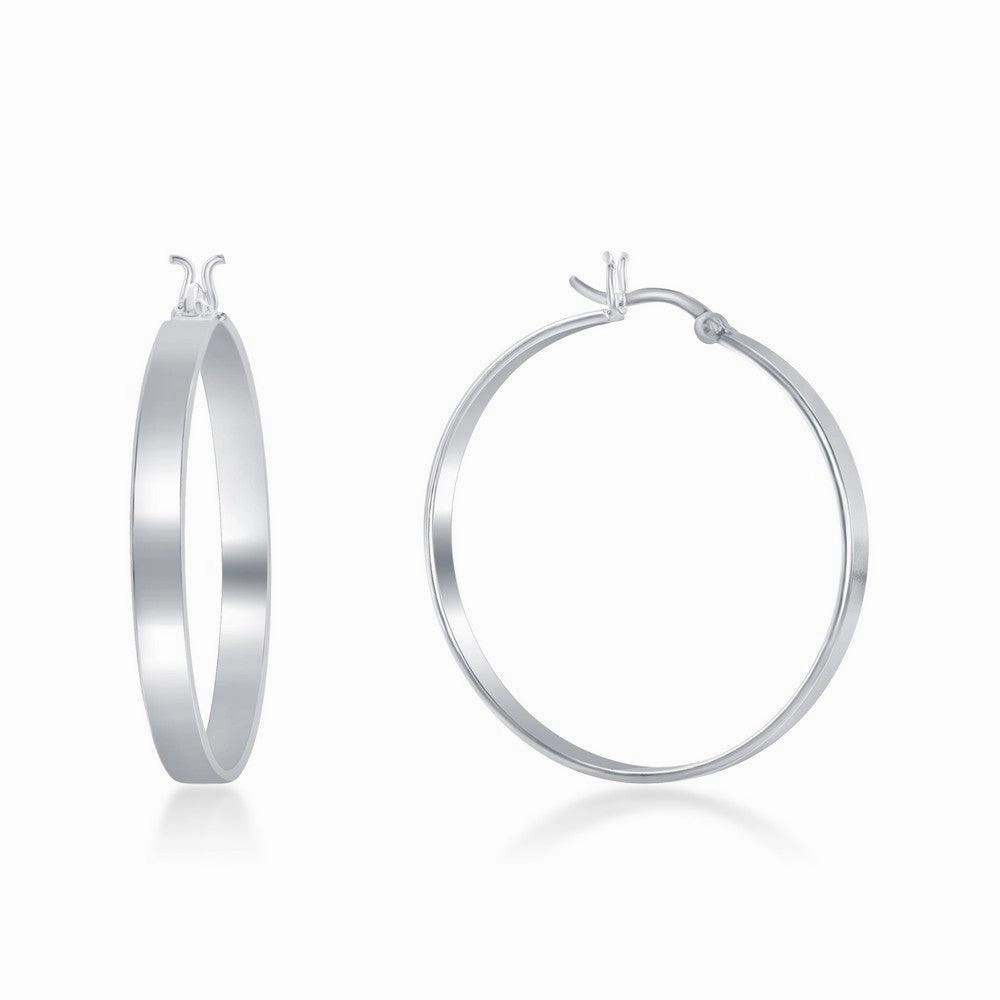 Sterling Silver Rhodium Plated Flat Hoop Earrings, 4 x 30 mm