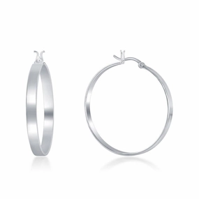 Sterling Silver Rhodium Plated Flat Hoop Earrings, 4 x 30 mm
