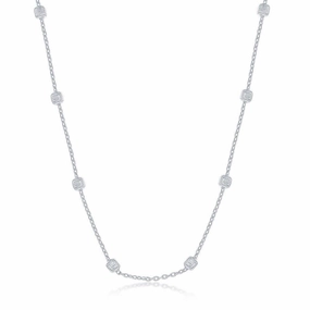 Sterling Silver Rhodium Plated Grid Square Beaded Chain, 16"