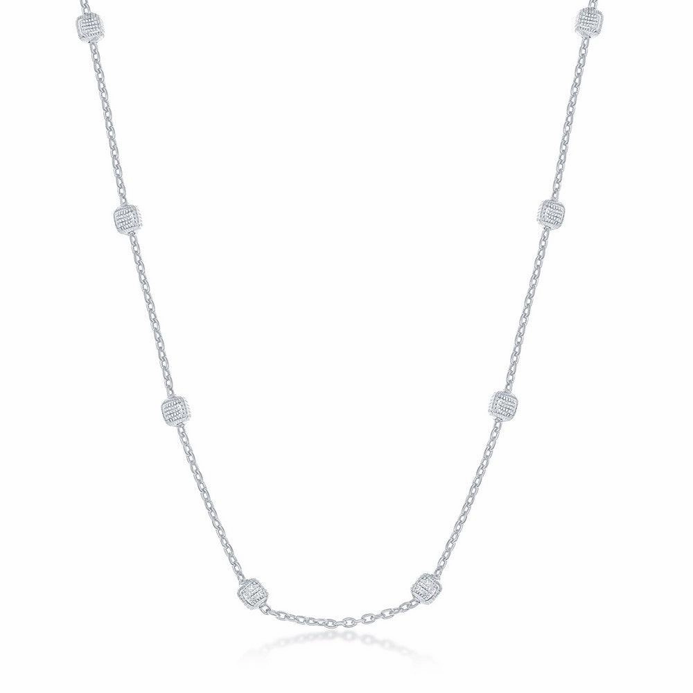 Sterling Silver Rhodium Plated Grid Square Beaded Chain, 16"