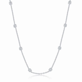 Sterling Silver Rhodium Plated Grid Square Beaded Chain, 18"