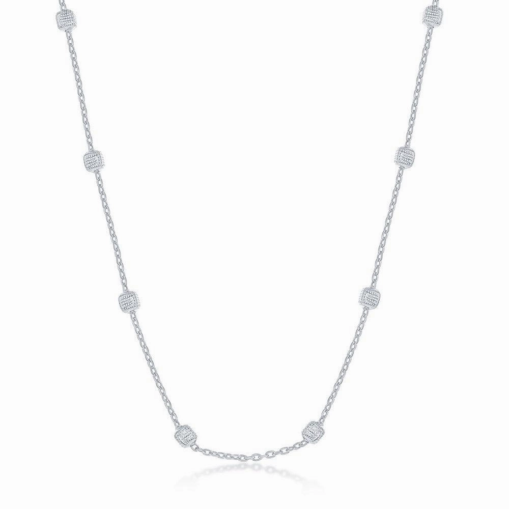 Sterling Silver Rhodium Plated Grid Square Beaded Chain, 18"