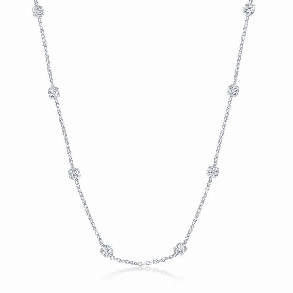 Sterling Silver Rhodium Plated Grid Square Beaded Chain, 24"