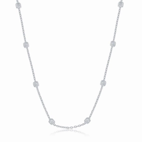 Sterling Silver Rhodium Plated Grid Square Beaded Chain, 24"