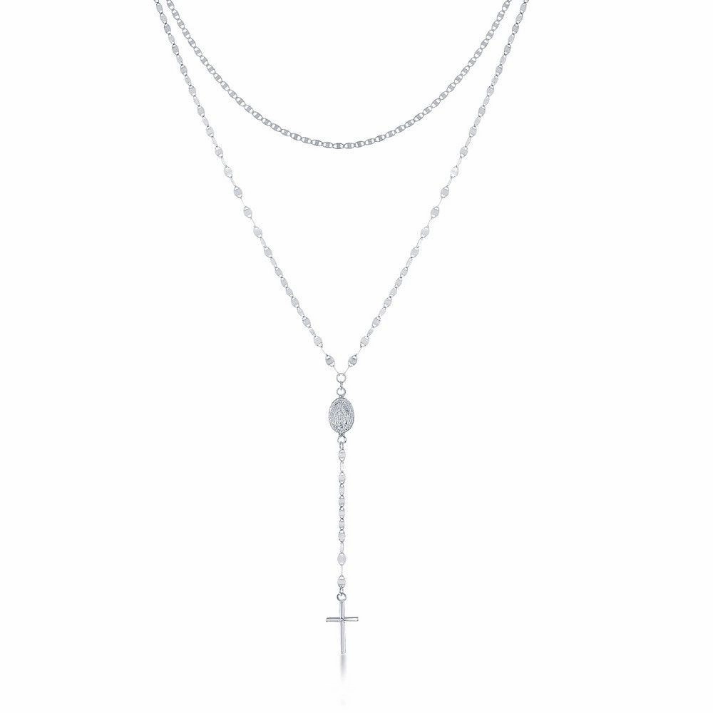 Sterling Silver Rhodium Plated Mirror and Mariner Rosary Chain