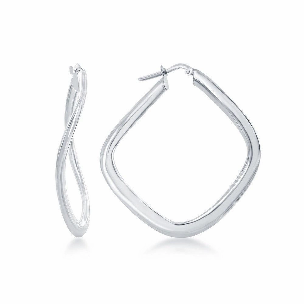 Sterling Silver Rhodium Plated Twisted Diamond-Shaped Earrings