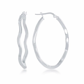 Sterling Silver Rhodium Plated Wavy Designed Oval Hoop Earrings