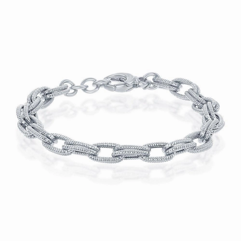 Sterling Silver Rope Design Double Oval Linked Bracelet; MADE IN ITALY