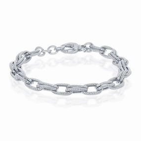 Sterling Silver Rope Design Double Oval Linked Bracelet; MADE IN ITALY