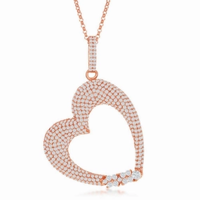 Sterling Silver Rose Gold Pave Heart Pendant Chain
