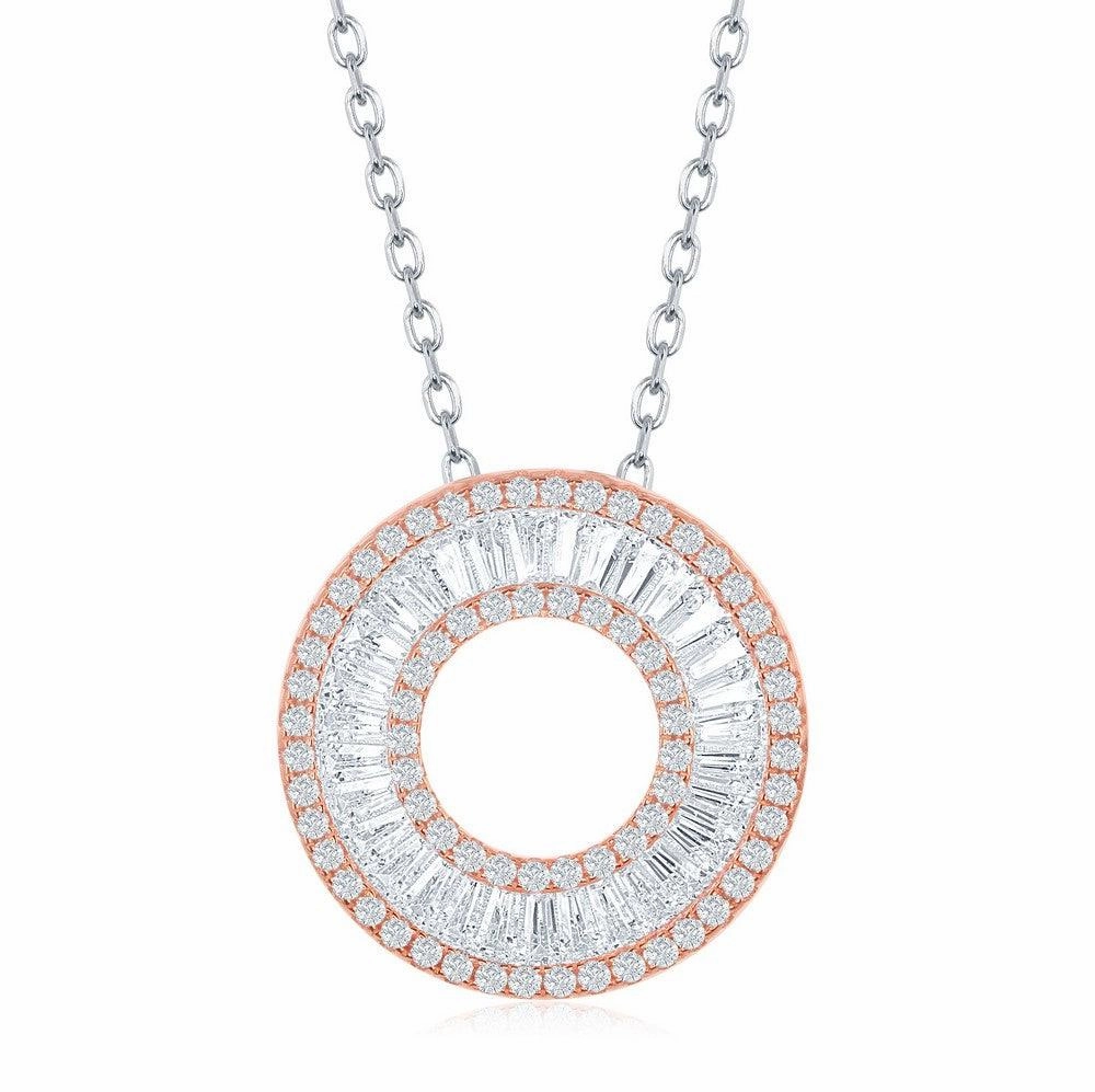 Sterling Silver Rose Gold Plated Baguette CZ Open Circle Necklace