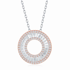 Sterling Silver Rose Gold Plated Baguette CZ Open Circle Necklace