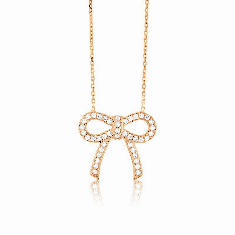 Sterling Silver Rose Gold Plated CZ Bow Necklace