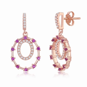 Sterling Silver Rose Gold Plated Double Circle Red CZ Earrings