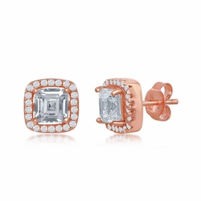 Sterling Silver Rose Gold Plated Double Square Stud Earrings