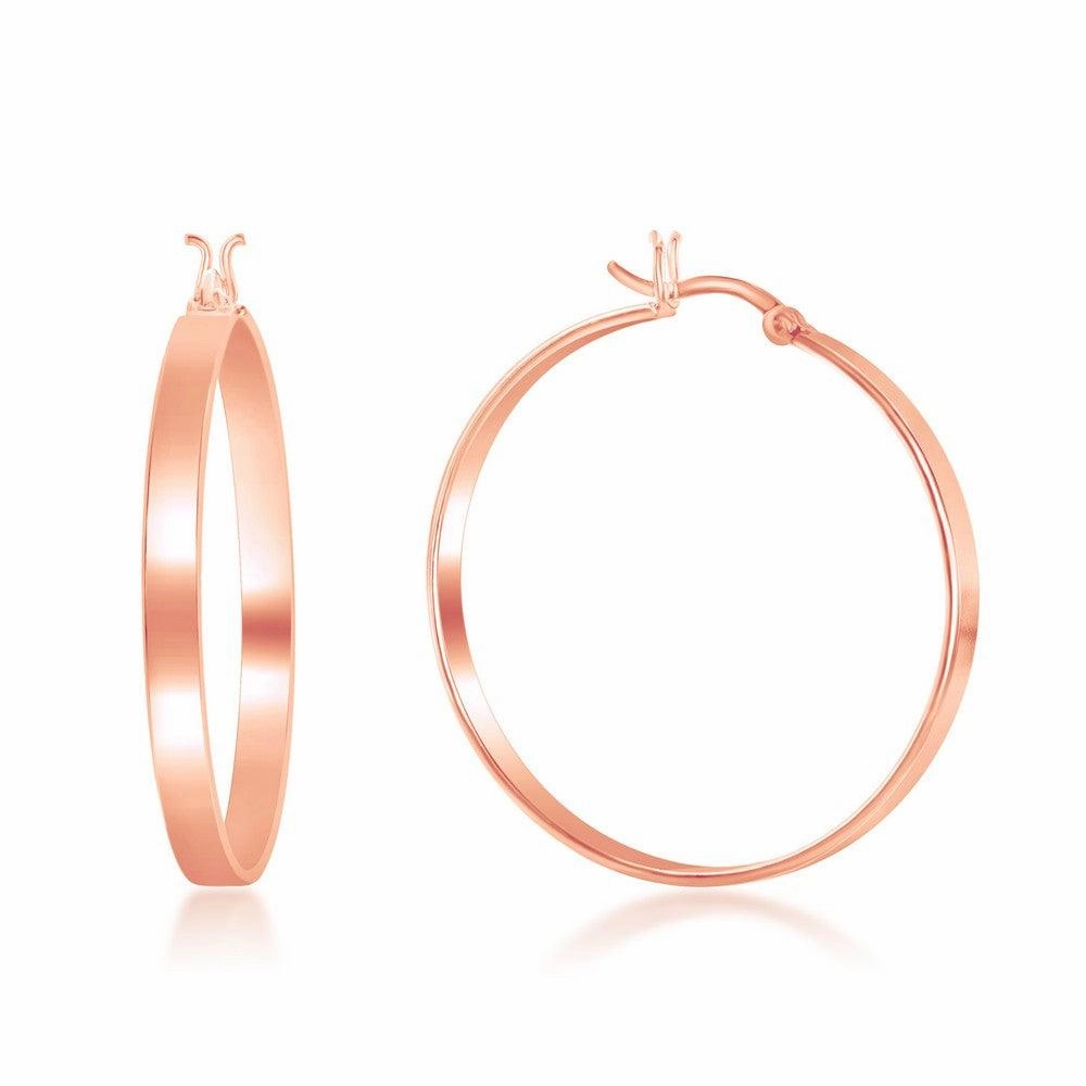 Sterling Silver Rose Gold Plated Flat Hoop Earrings, 4 x 35 mm