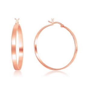 Sterling Silver Rose Gold Plated Flat Hoop Earrings, 4 x 35 mm