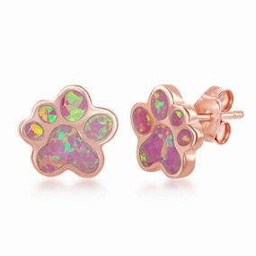 Sterling Silver Rose Gold Plated Pink Inlay Paw Stud Earrings